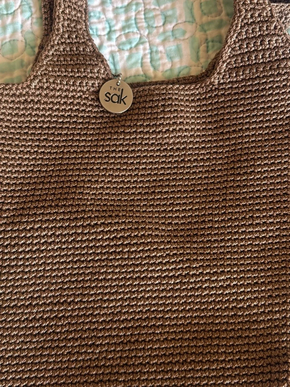 The Sak Brown Crochet Tote with Branded Button